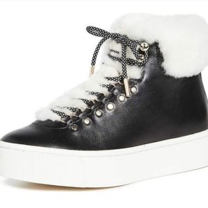 JOIE Handan Shearling Fur High-Top Platform Leather Sneakers Sz 8.5